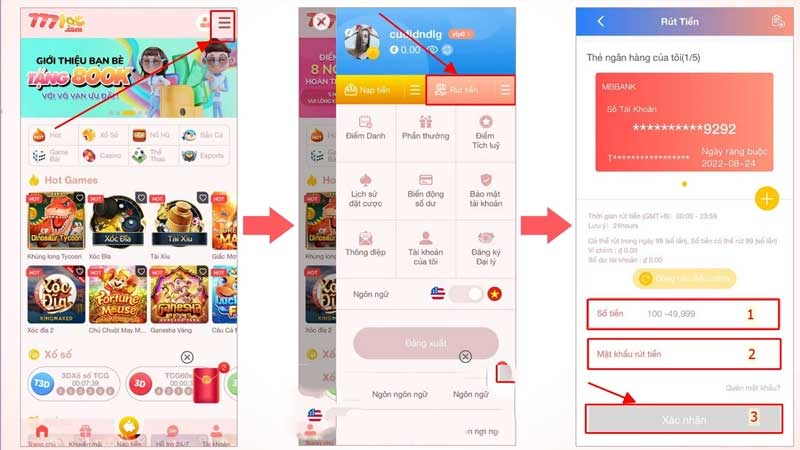 Rút tiền 777loc về tài khoản ngân hàng
